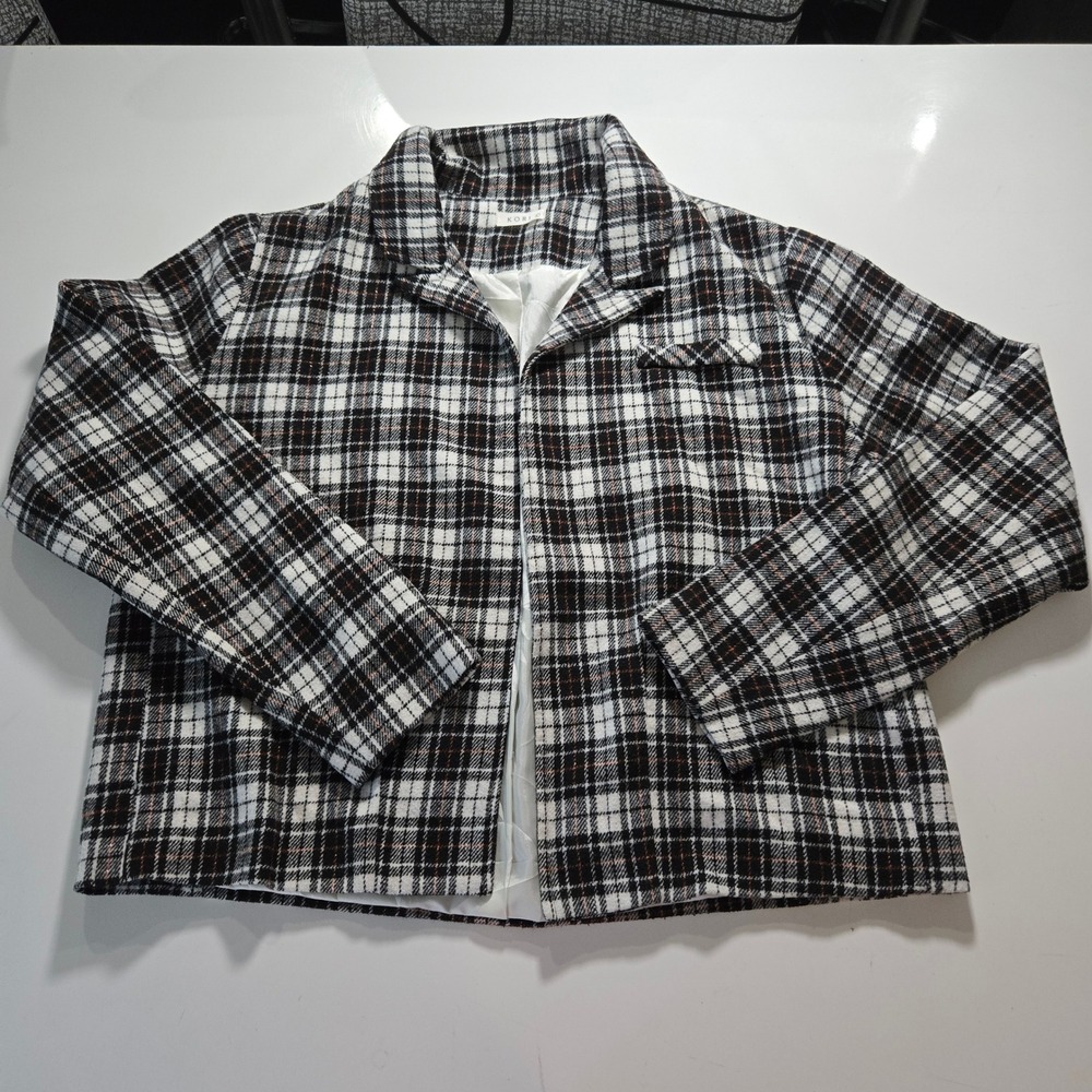 Kori Womens Plaid Open Front Jacket Black White Orange Metallic Shimmer Large